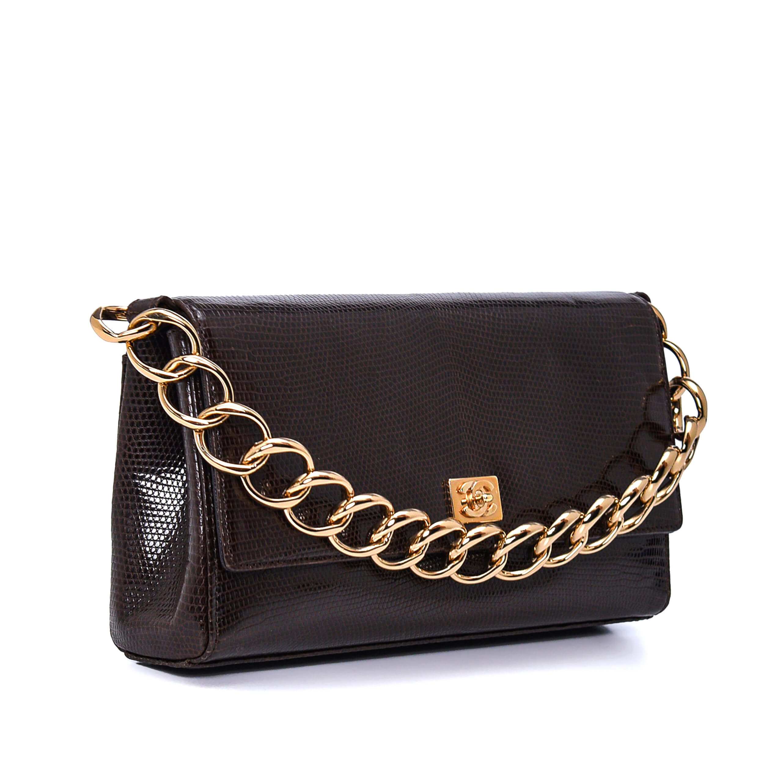 Chanel - Brown Exotic Leather Gold Chain Baguette Bag